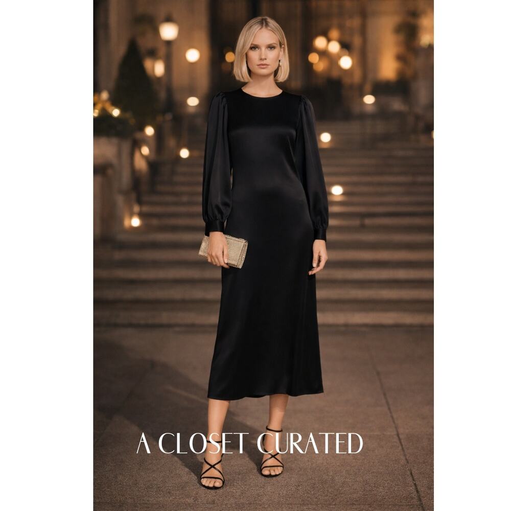 Rodebjer Julinka Gathered Satin Midi Dress Small Black NWT